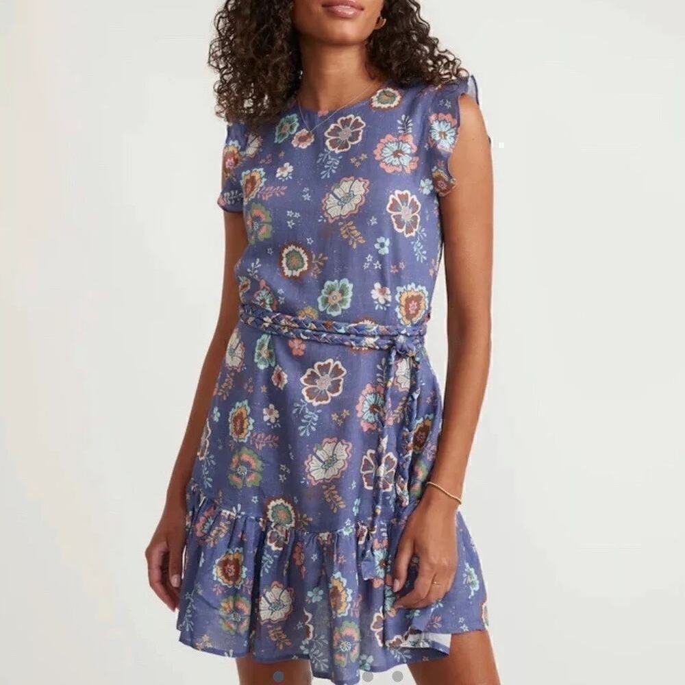 Marine Layer Laney Dress Ruffle Sleeve Tiered Mini Marlin Hibiscus Floral NWT S